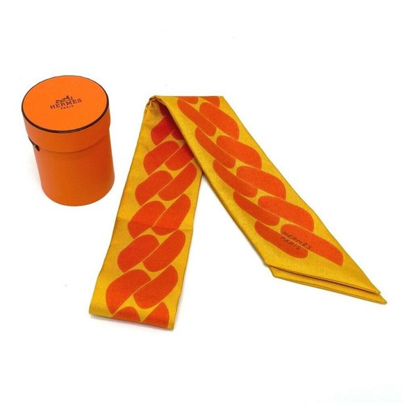 HERMES Chain motif Twilly Silk scarf bag accessories Scarf silk Orange - Picture 9 of 9